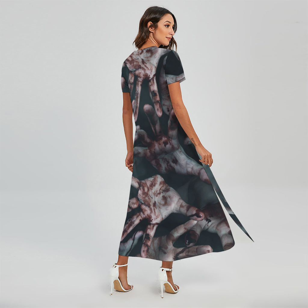 Scary Zombie Hands Print Short Sleeve Maxi Dress