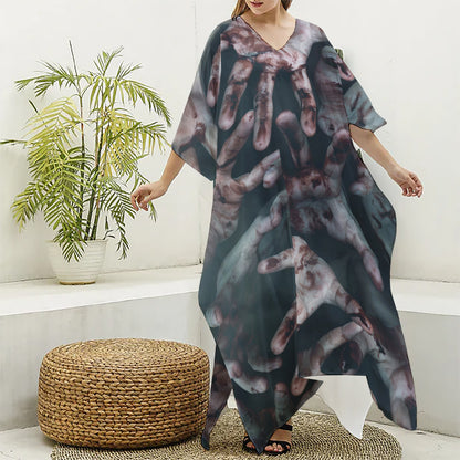 Scary Zombie Hands Print Silk V-Neck Kaftan Dress