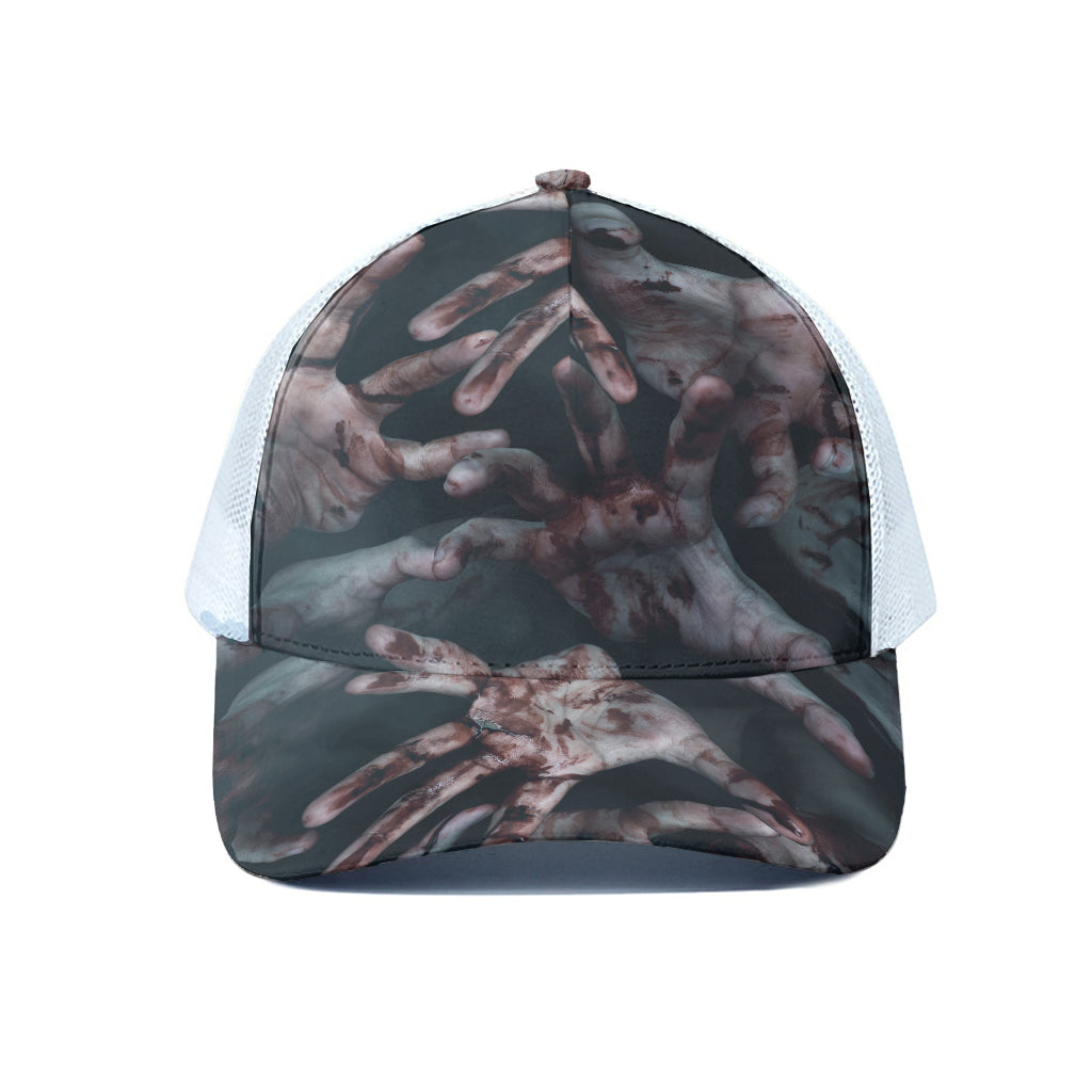 Scary Zombie Hands Print White Mesh Trucker Cap