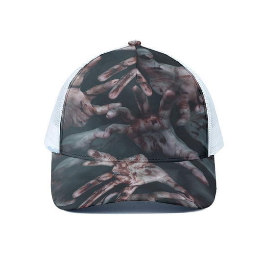 Scary Zombie Hands Print White Mesh Trucker Cap