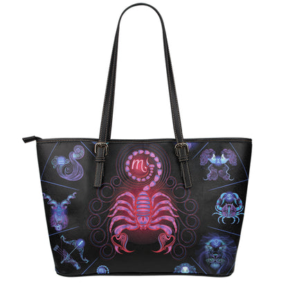 Scorpio And Astrological Signs Print Leather Tote Bag