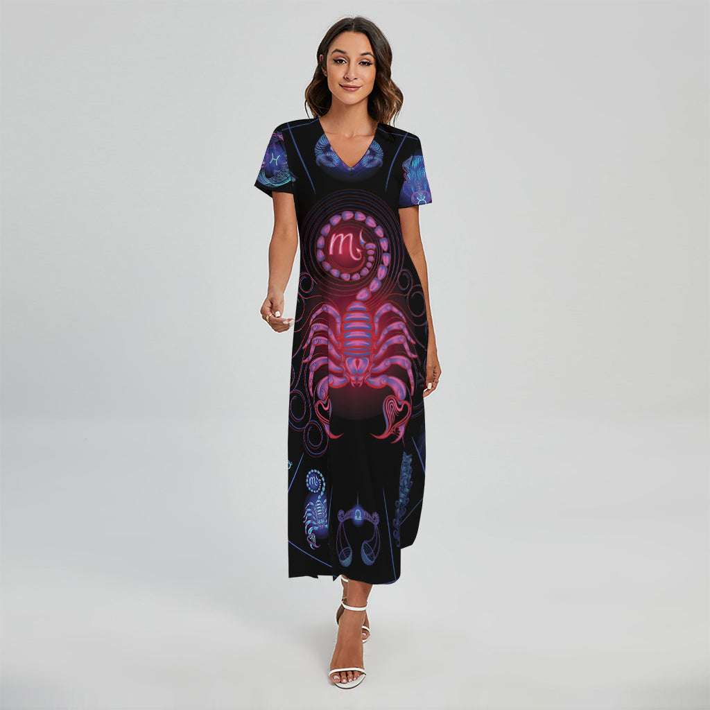 Scorpio And Astrological Signs Print Short Sleeve Maxi Dress