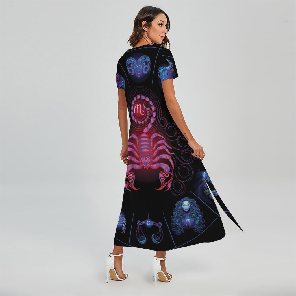 Scorpio And Astrological Signs Print Short Sleeve Maxi Dress