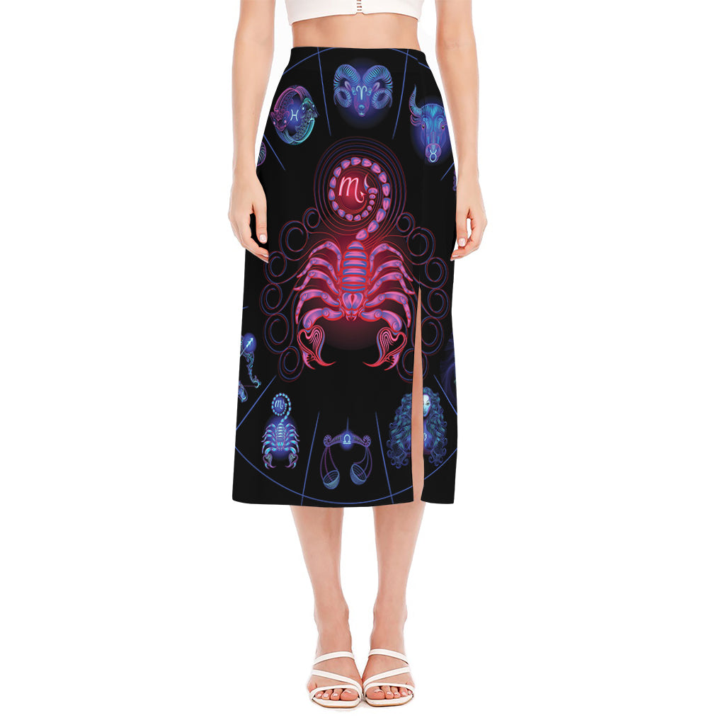 Scorpio And Astrological Signs Print Side Slit Midi Skirt