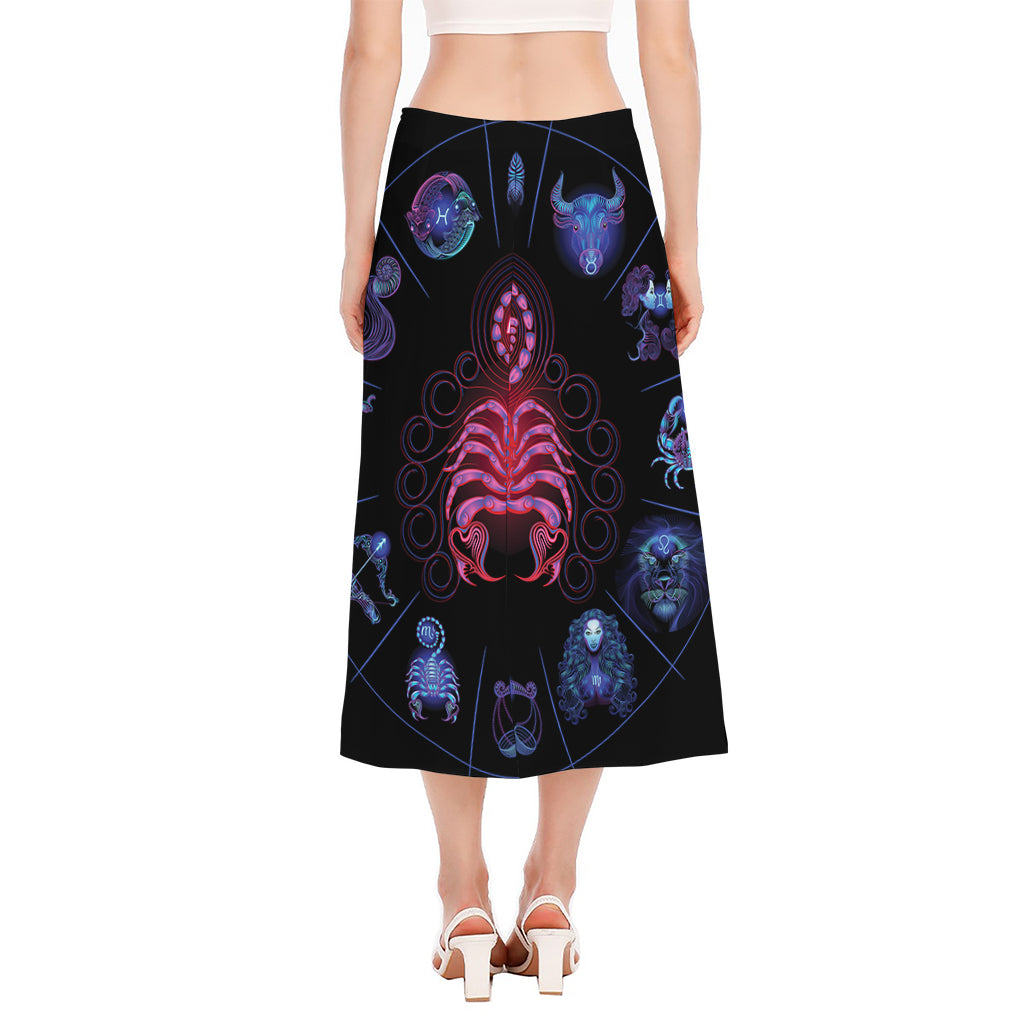 Scorpio And Astrological Signs Print Side Slit Midi Skirt