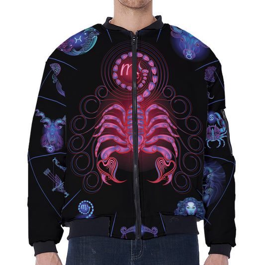 Scorpio And Astrological Signs Print Zip Sleeve Bomber Jacket