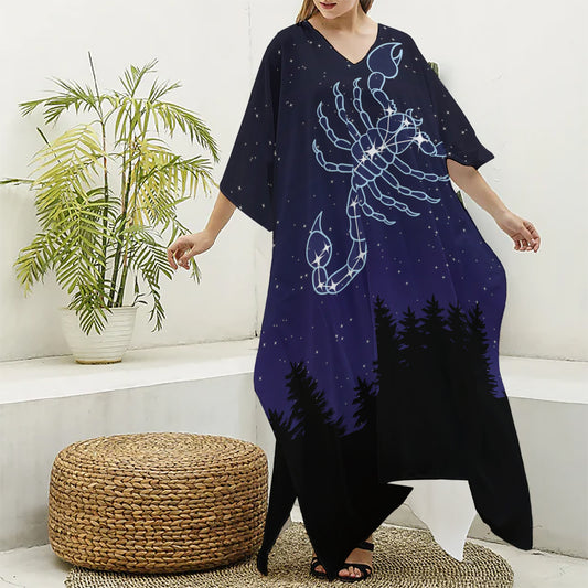 Scorpio Constellation Print Silk V-Neck Kaftan Dress