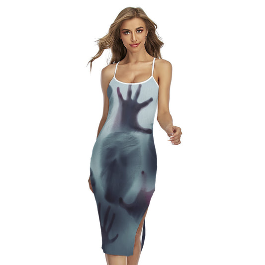Screaming Horror Ghost 3D Print Cross Back Cami Dress