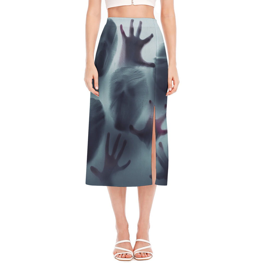 Screaming Horror Ghost 3D Print Side Slit Midi Skirt