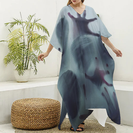 Screaming Horror Ghost 3D Print Silk V-Neck Kaftan Dress