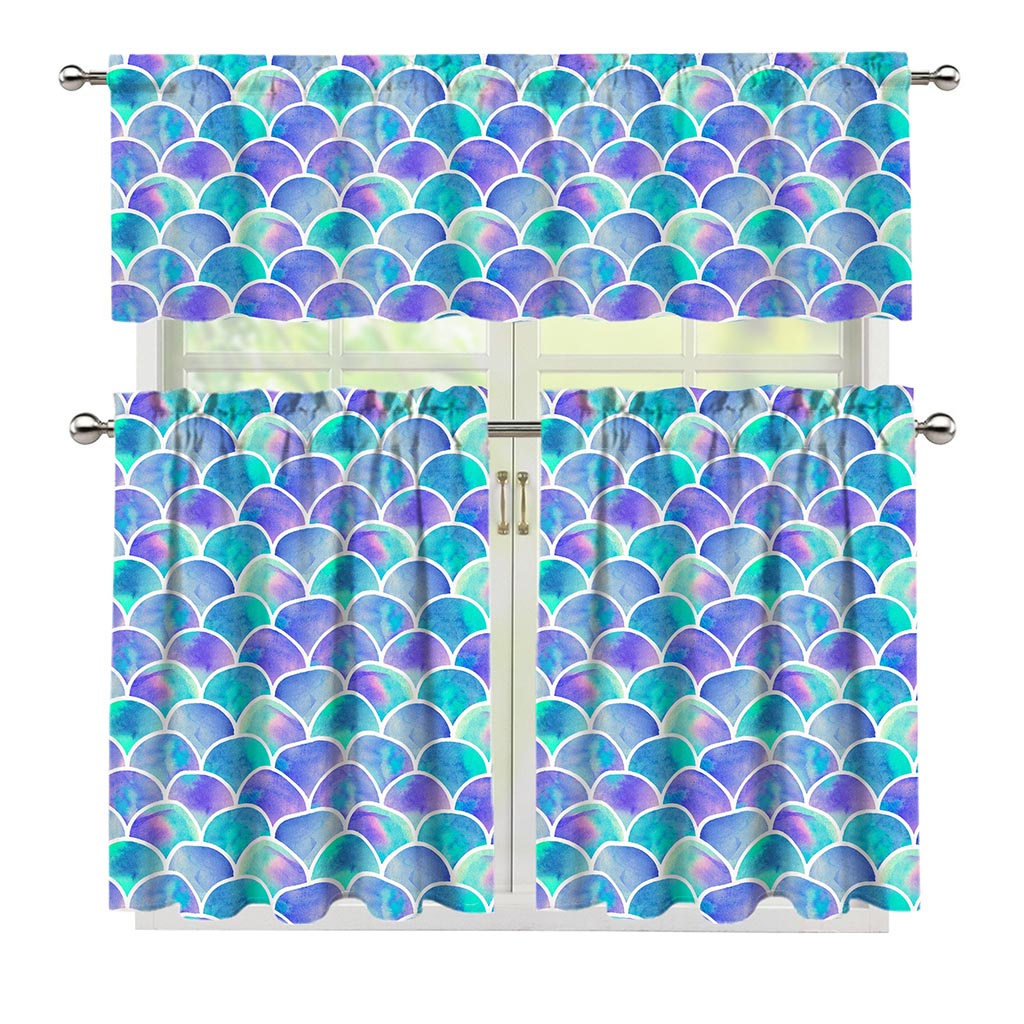 Sea Blue Mermaid Scales Pattern Print 3 Piece Kitchen Curtains