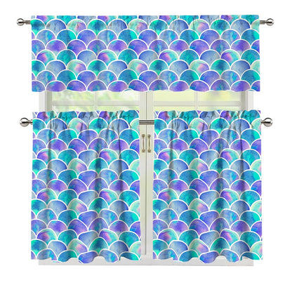 Sea Blue Mermaid Scales Pattern Print 3 Piece Kitchen Curtains