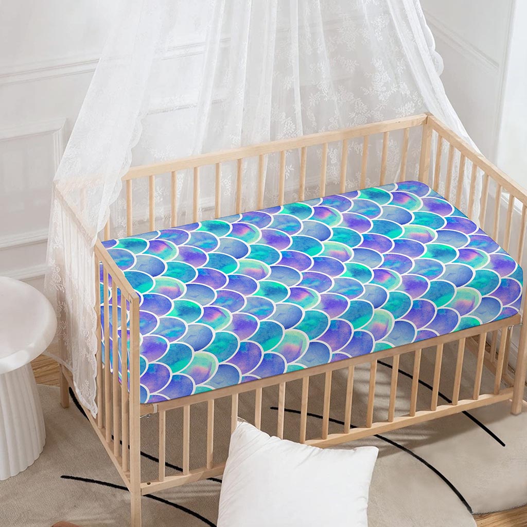 Sea Blue Mermaid Scales Pattern Print Baby Crib Sheet