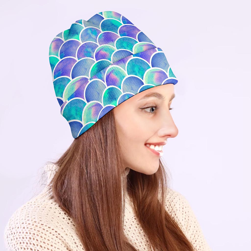 Sea Blue Mermaid Scales Pattern Print Beanie