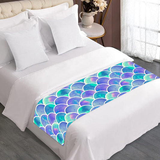 Sea Blue Mermaid Scales Pattern Print Bed Runner