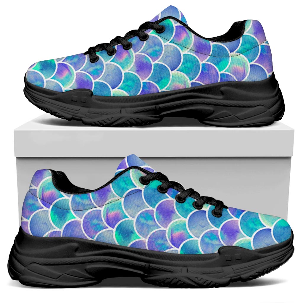 Sea Blue Mermaid Scales Pattern Print Black Chunky Shoes