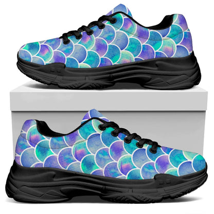 Sea Blue Mermaid Scales Pattern Print Black Chunky Shoes