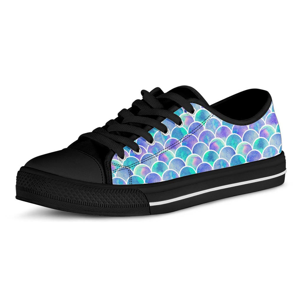 Sea Blue Mermaid Scales Pattern Print Black Low Top Sneakers