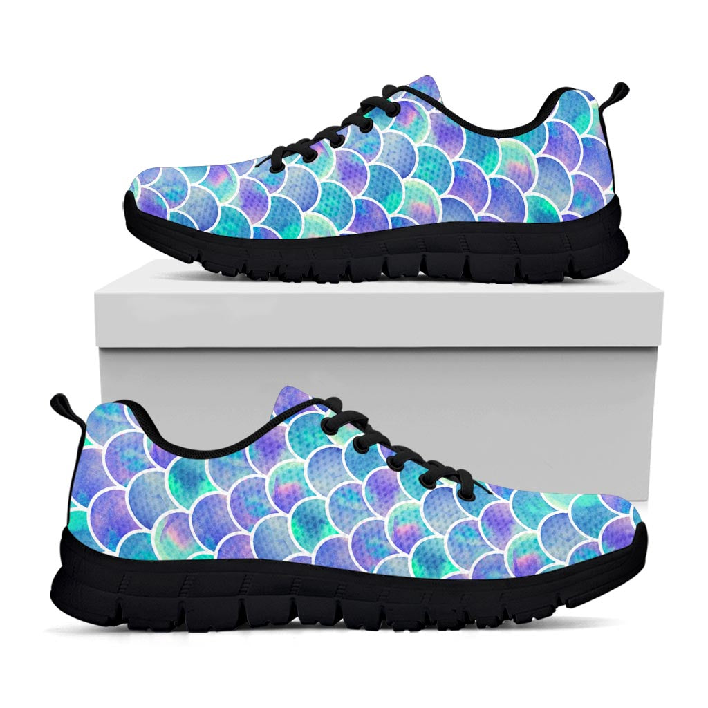 Sea Blue Mermaid Scales Pattern Print Black Running Shoes