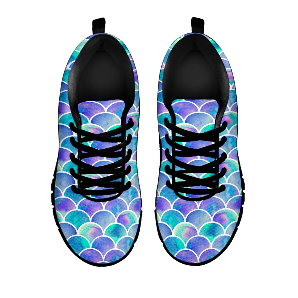 Sea Blue Mermaid Scales Pattern Print Black Running Shoes