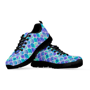 Sea Blue Mermaid Scales Pattern Print Black Running Shoes