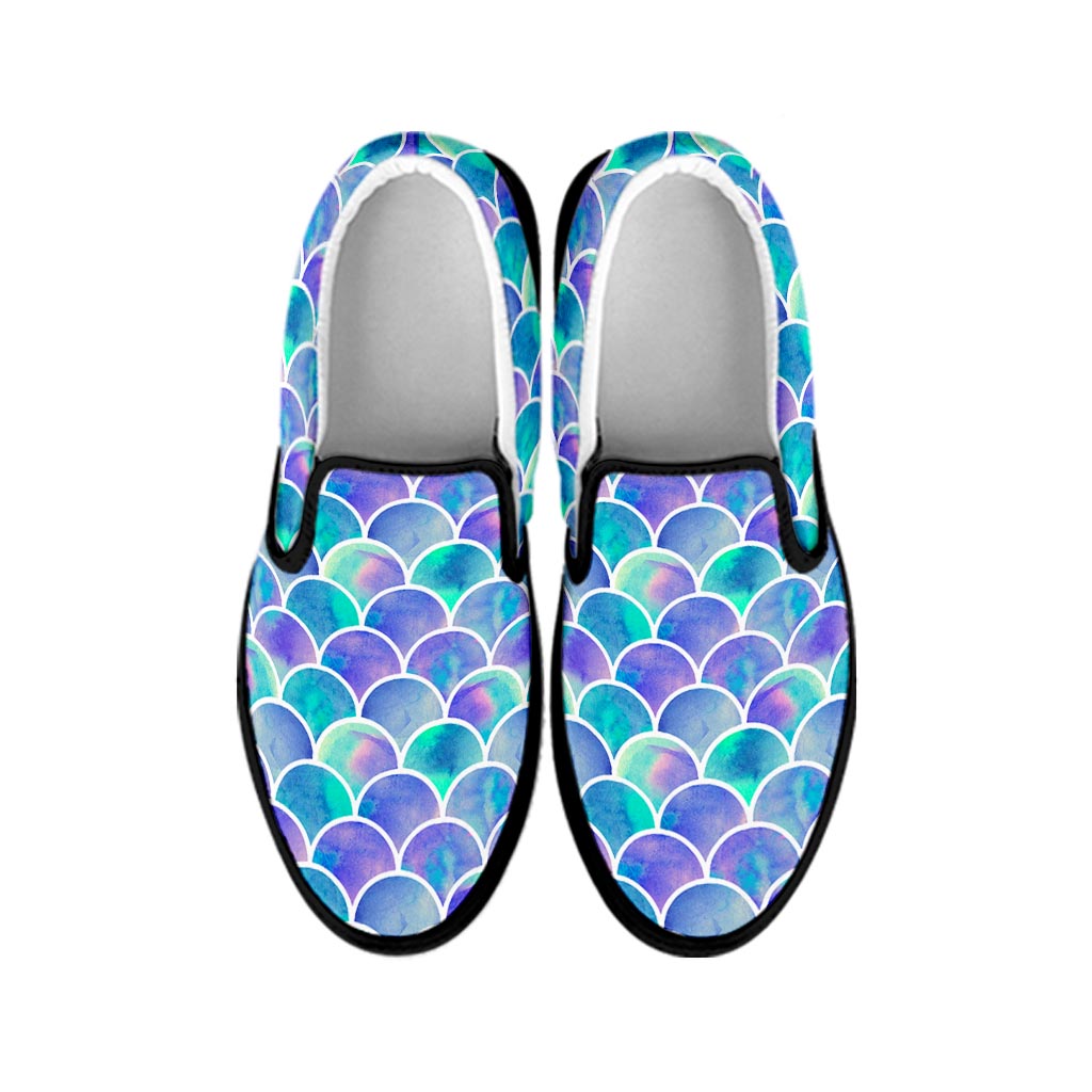 Sea Blue Mermaid Scales Pattern Print Black Slip On Sneakers