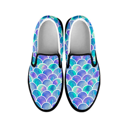 Sea Blue Mermaid Scales Pattern Print Black Slip On Sneakers
