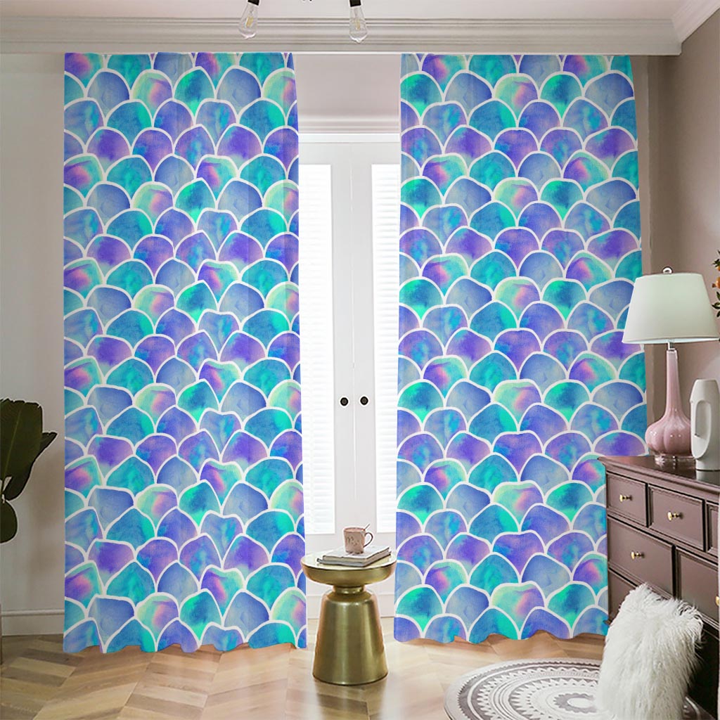 Sea Blue Mermaid Scales Pattern Print Blackout Pencil Pleat Curtains