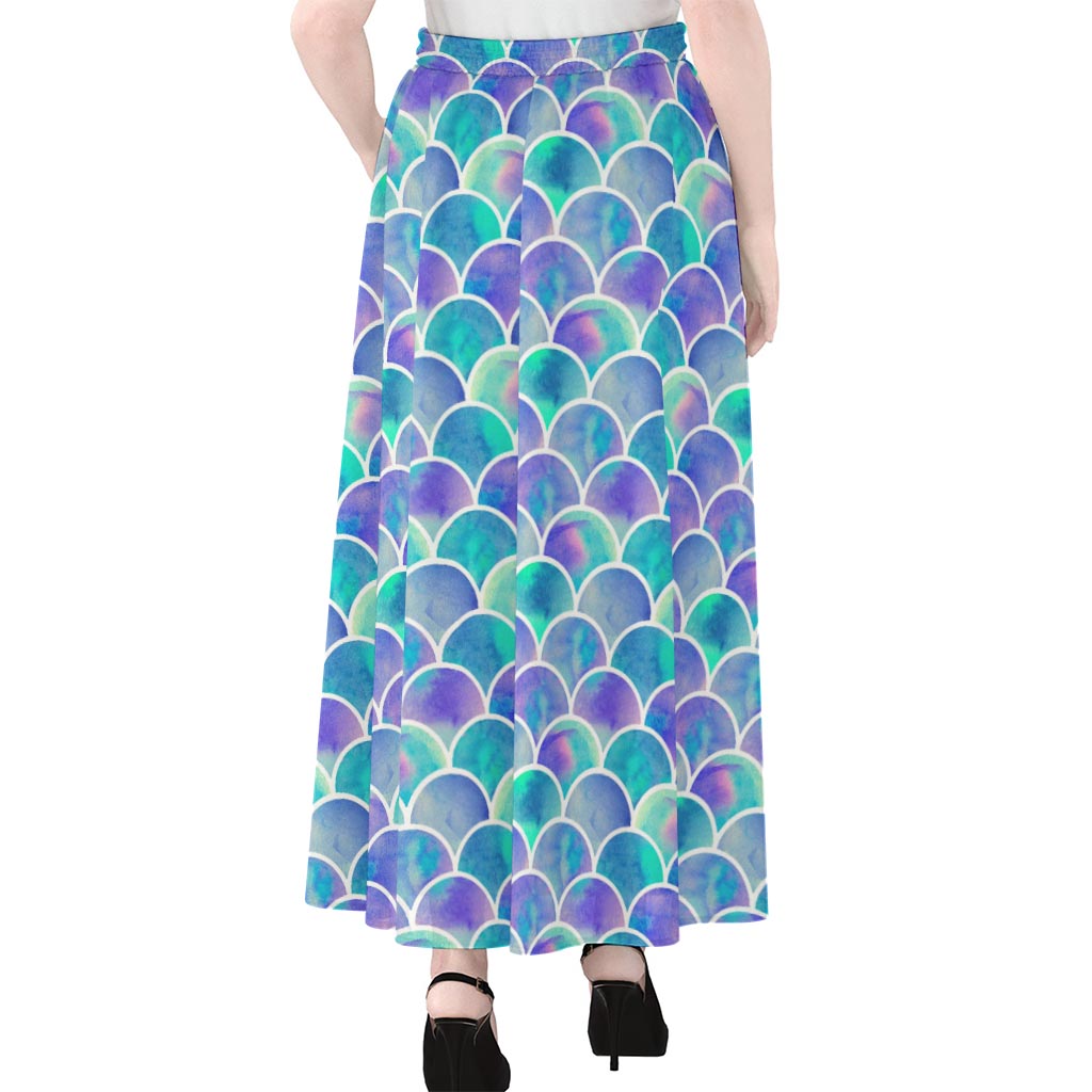 Sea Blue Mermaid Scales Pattern Print Chiffon Maxi Skirt