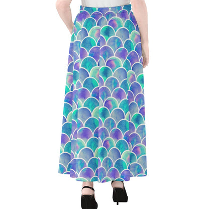 Sea Blue Mermaid Scales Pattern Print Chiffon Maxi Skirt