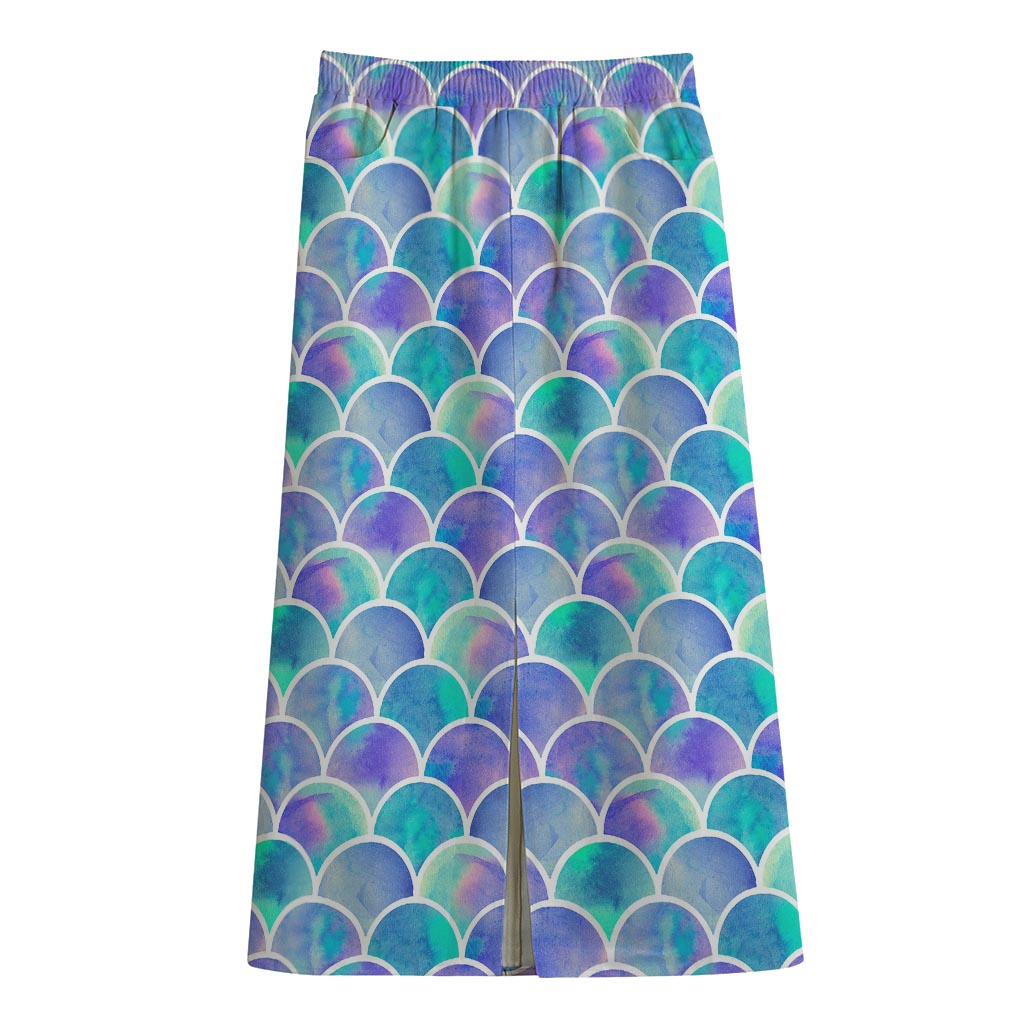 Sea Blue Mermaid Scales Pattern Print Cotton Front Slit Maxi Skirt