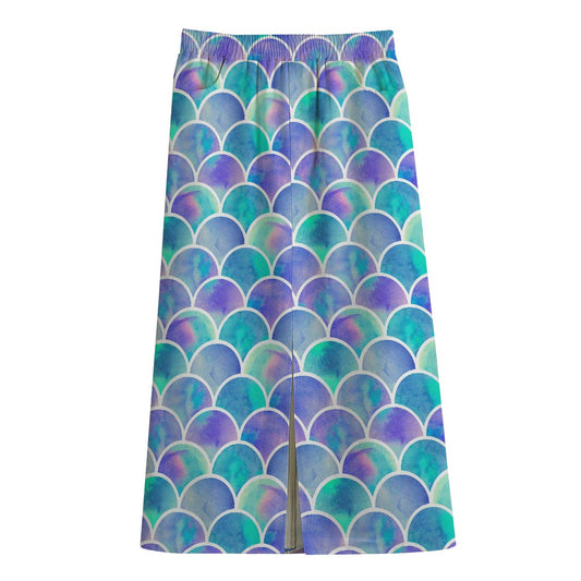 Sea Blue Mermaid Scales Pattern Print Cotton Front Slit Maxi Skirt