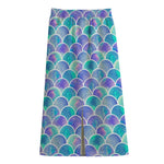 Sea Blue Mermaid Scales Pattern Print Cotton Front Slit Maxi Skirt