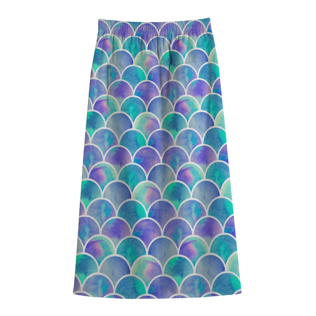 Sea Blue Mermaid Scales Pattern Print Cotton Front Slit Maxi Skirt
