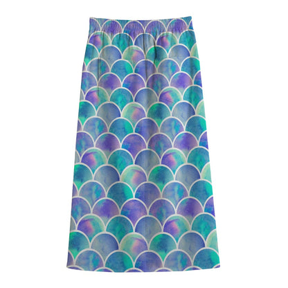 Sea Blue Mermaid Scales Pattern Print Cotton Front Slit Maxi Skirt