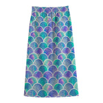 Sea Blue Mermaid Scales Pattern Print Cotton Front Slit Maxi Skirt