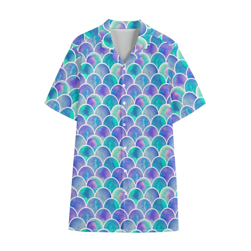 Sea Blue Mermaid Scales Pattern Print Cotton Hawaiian Shirt