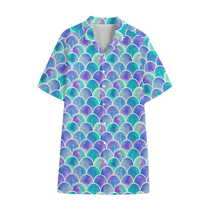 Sea Blue Mermaid Scales Pattern Print Cotton Hawaiian Shirt