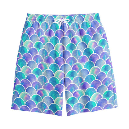 Sea Blue Mermaid Scales Pattern Print Cotton Shorts
