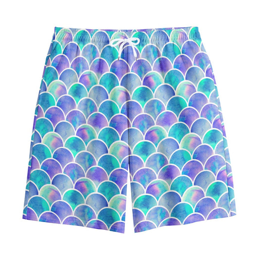 Sea Blue Mermaid Scales Pattern Print Cotton Shorts