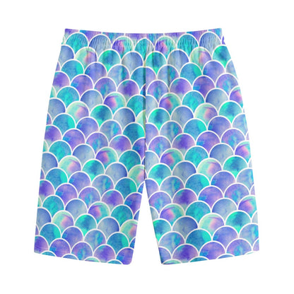 Sea Blue Mermaid Scales Pattern Print Cotton Shorts