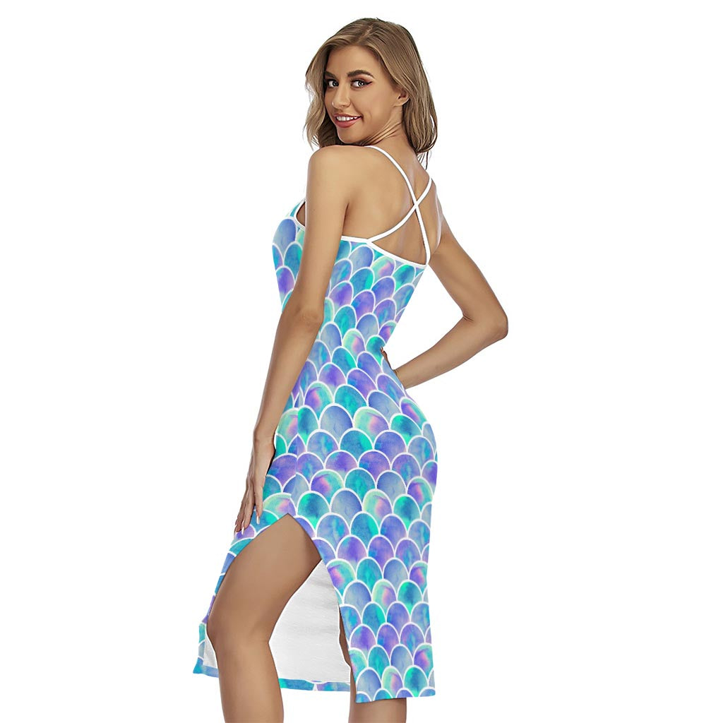 Sea Blue Mermaid Scales Pattern Print Cross Back Cami Dress