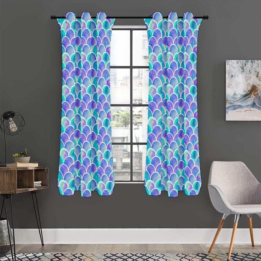 Sea Blue Mermaid Scales Pattern Print Curtain