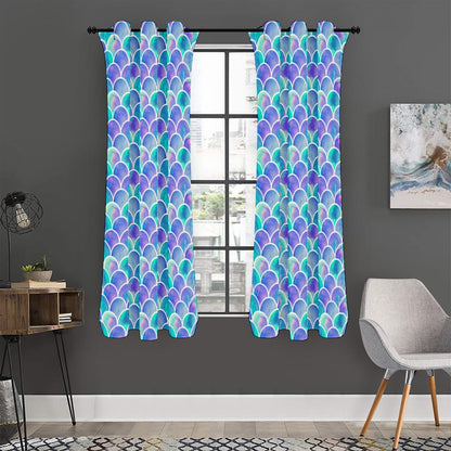 Sea Blue Mermaid Scales Pattern Print Curtain