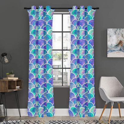 Sea Blue Mermaid Scales Pattern Print Curtain