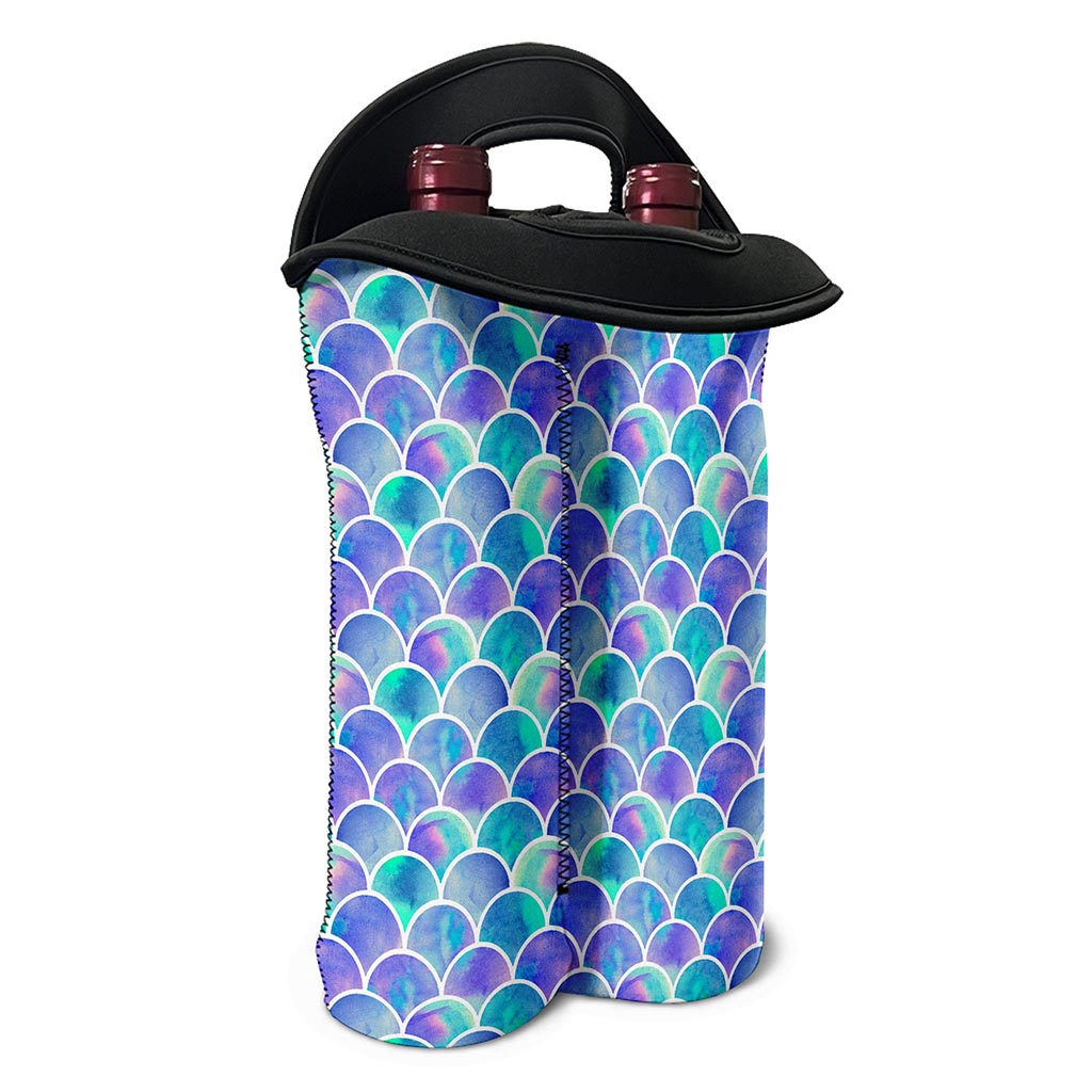 Sea Blue Mermaid Scales Pattern Print Double Neoprene Wine Tote