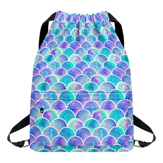 Sea Blue Mermaid Scales Pattern Print Drawstring Backpack
