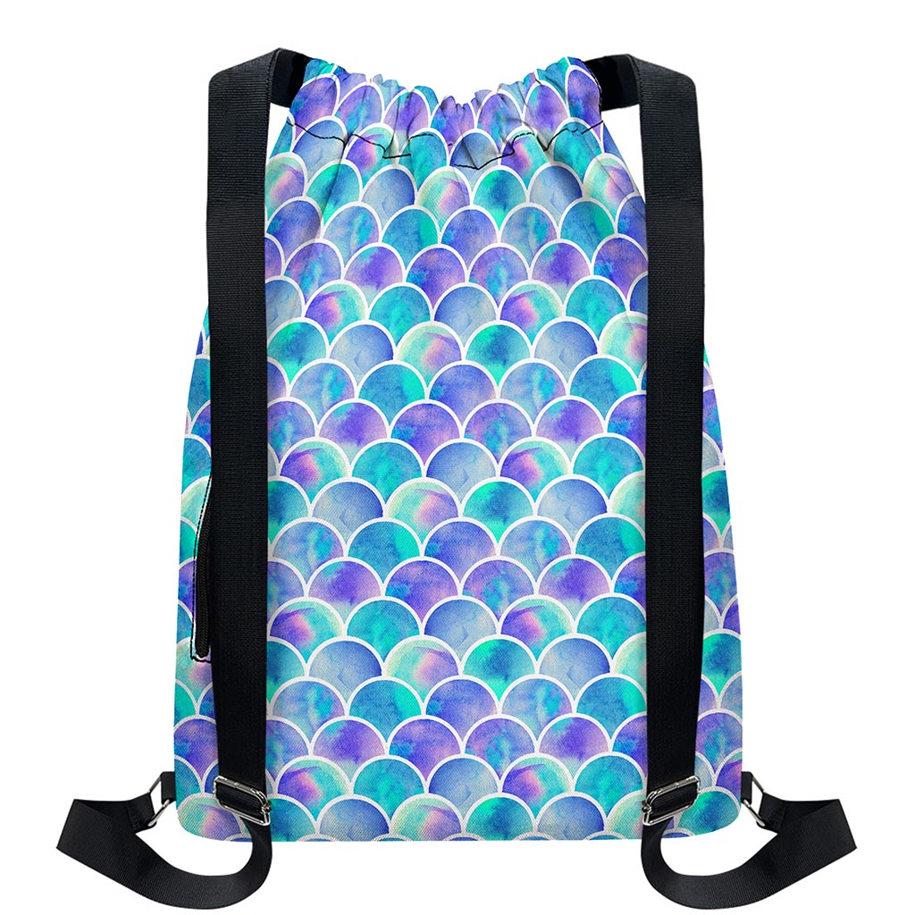 Sea Blue Mermaid Scales Pattern Print Drawstring Backpack