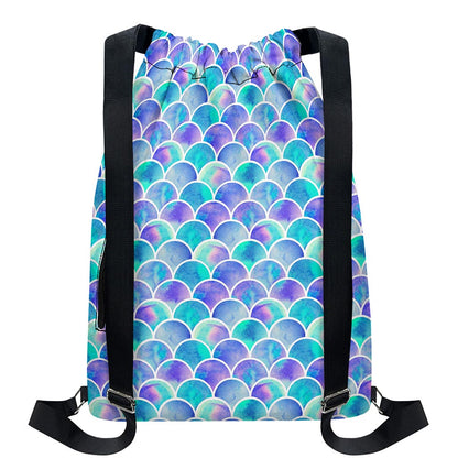Sea Blue Mermaid Scales Pattern Print Drawstring Backpack