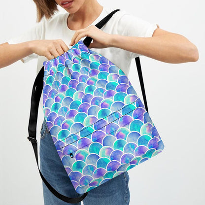Sea Blue Mermaid Scales Pattern Print Drawstring Backpack